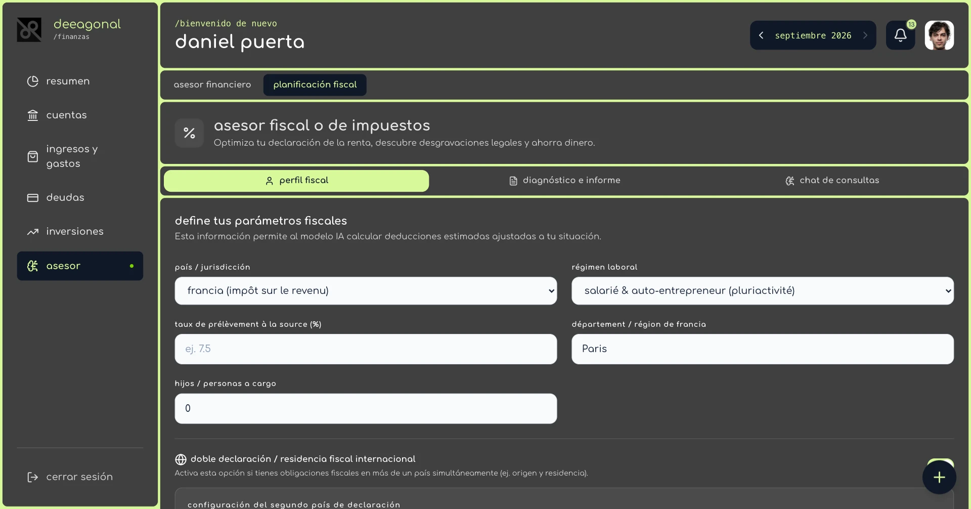 Tax advisor: profile with country, employment status, withholding rate and the option for an international dual filing.