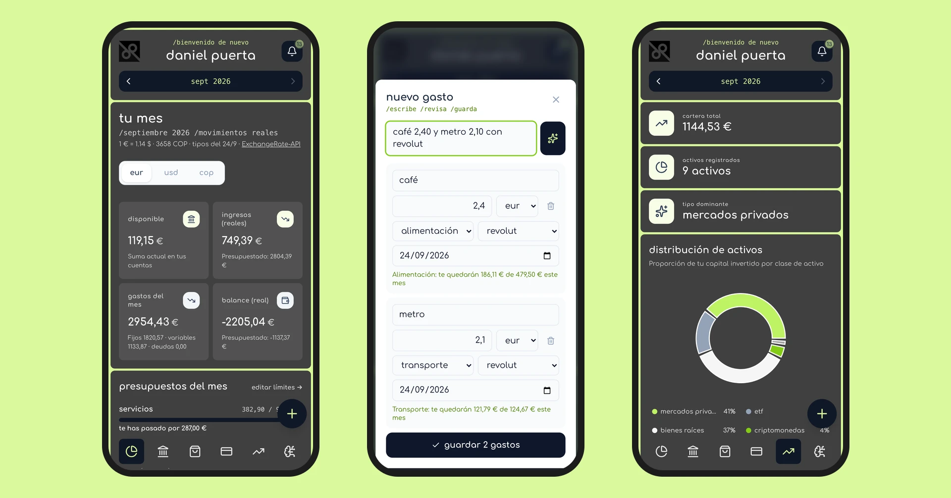 Three screens of the app on mobile: the monthly overview, quick expense capture and the investment breakdown.
