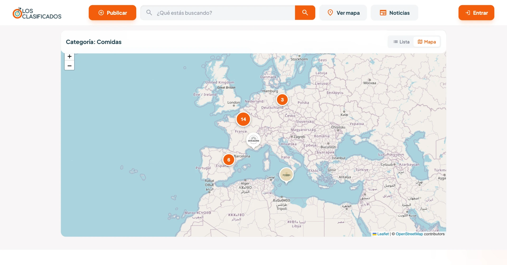 El mismo resultado en el mapa de Europa, con los marcadores agrupados: 14 en París, 6 en España, 3 en Alemania.