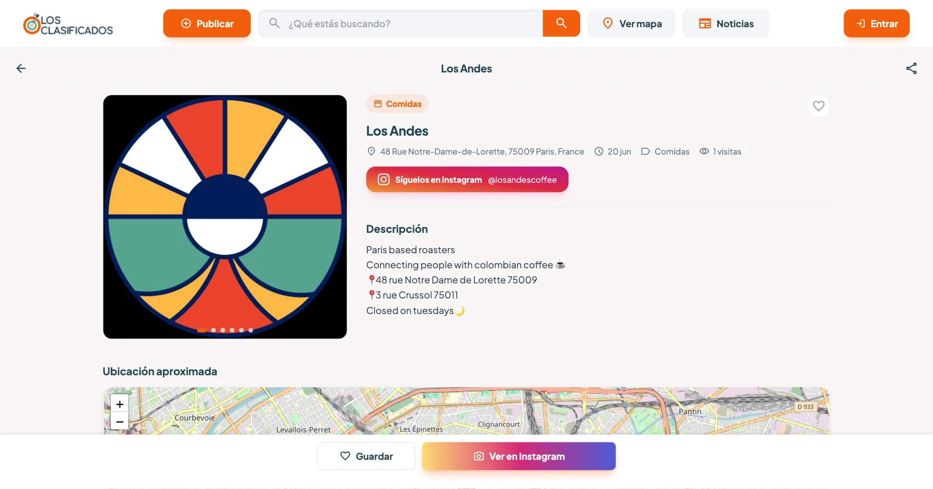 Ficha de un anuncio: galería, categoría, dirección, fecha, contador de visitas y botón hacia su Instagram.