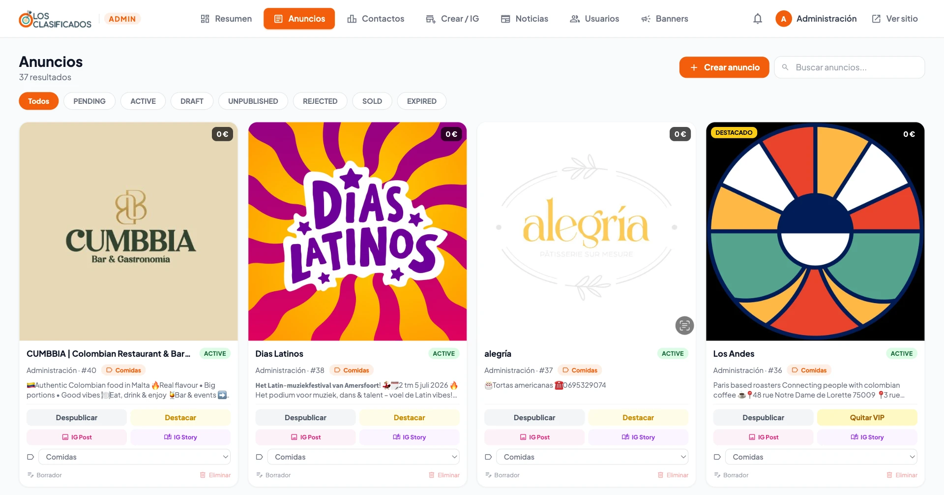 Moderación de anuncios: filtros por estado y, en cada tarjeta, despublicar, destacar, publicar en Instagram como post o story y cambiar de categoría.