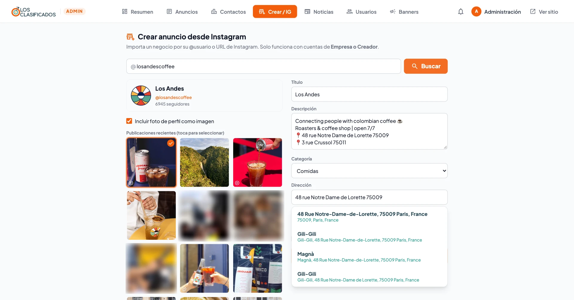Importador de negocios: campo para el @usuario de Instagram y la ficha que devuelve la API con foto, biografía y publicaciones.