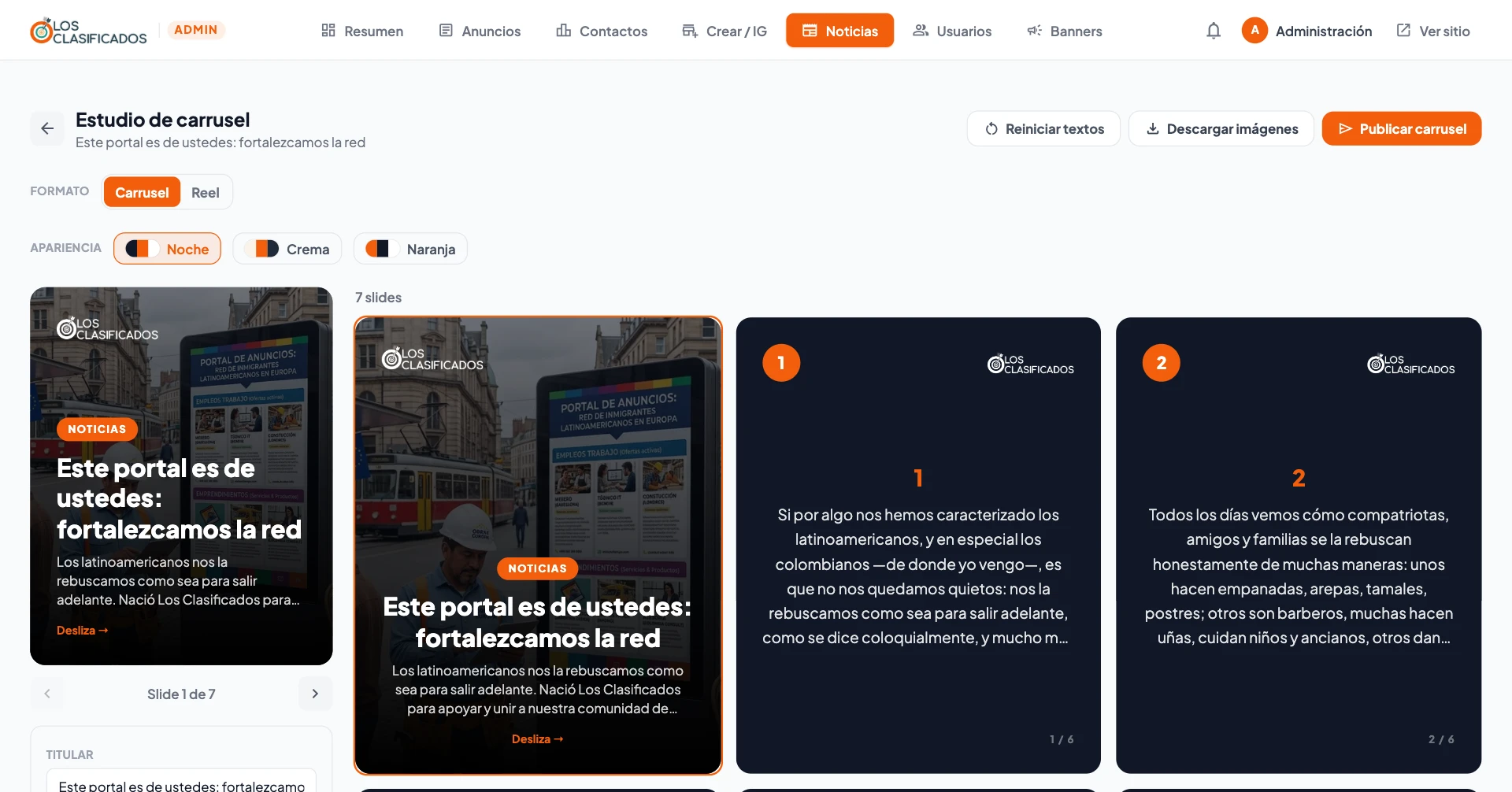 Estudio de contenido: una noticia dividida en slides de Instagram, con sus temas de color y los textos editables.