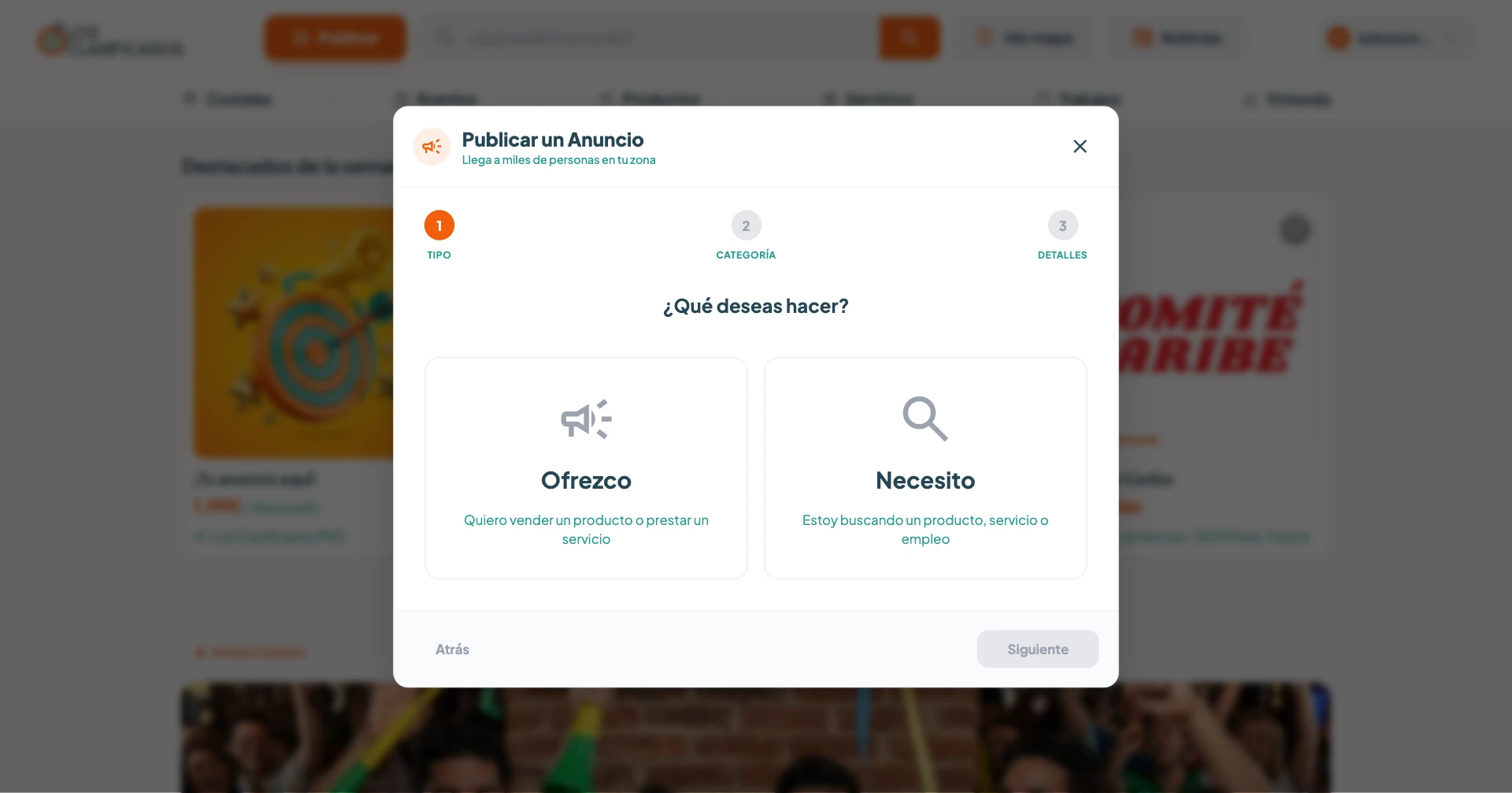 Primer paso del asistente de publicación: elegir entre «Ofrezco» y «Necesito».
