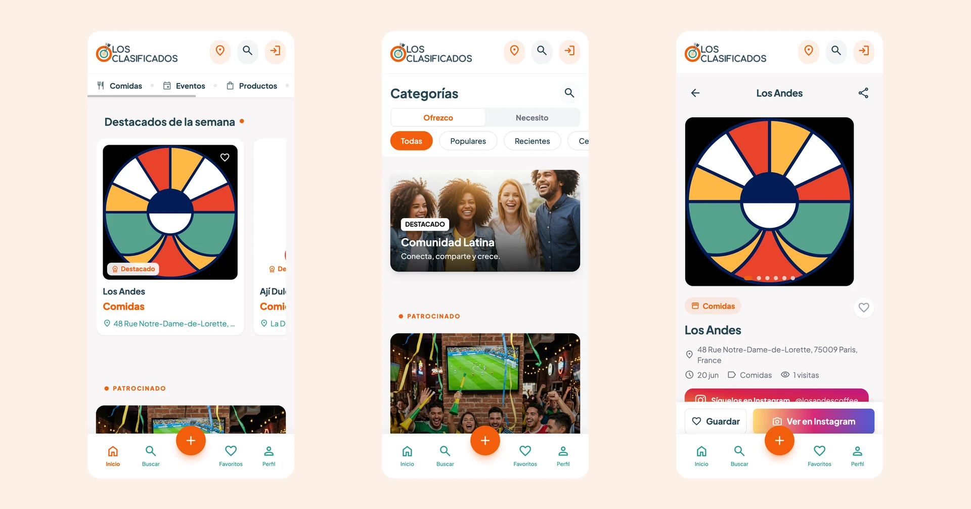 Tres pantallas del sitio en un teléfono: portada, categorías y ficha de anuncio, con la navegación inferior y el botón de publicar.