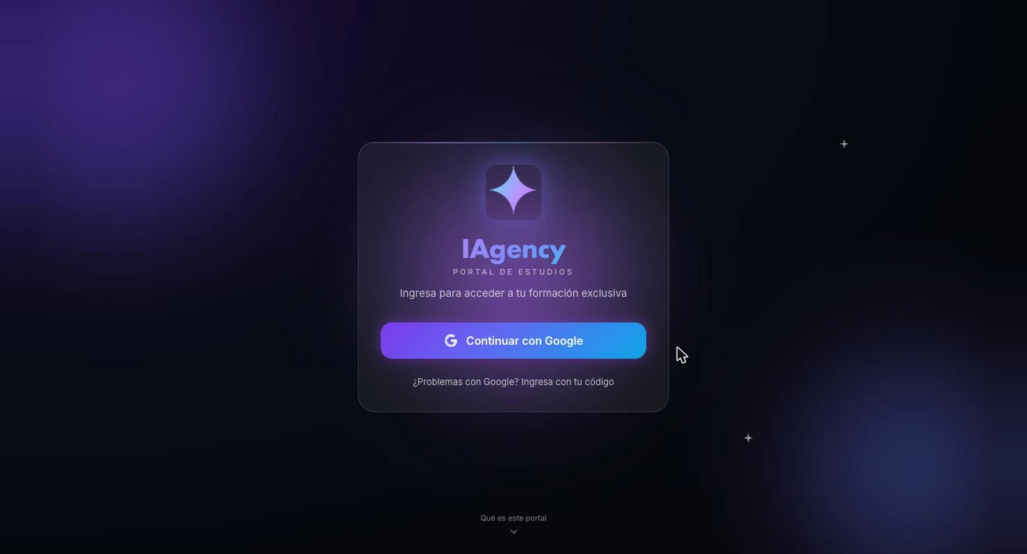 Login screen: IAgency logo, a Continue with Google button and a link to sign in with an access code.