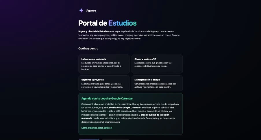 The portal's public page: title, description and four cards explaining what's inside.