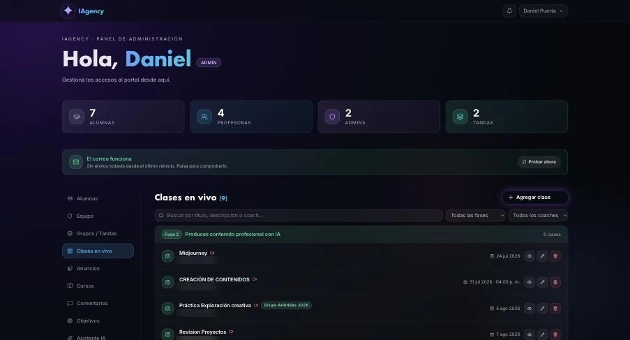 Admin panel: counters for students, teachers, admins and cohorts, email delivery status, and the live class list grouped by phase.