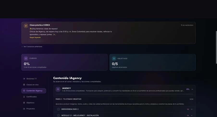 IAgency content: the course expanded into phases, modules and lessons, with progress percentages.