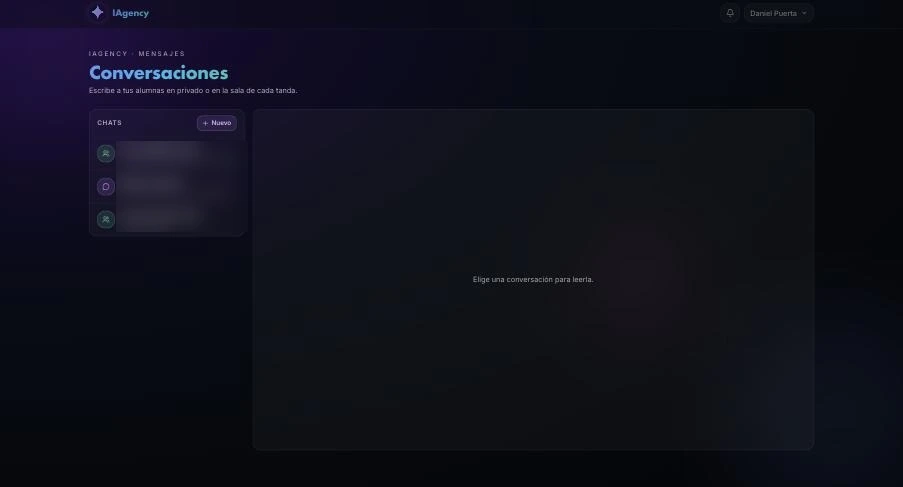The portal's conversation list, with direct threads and a cohort room.