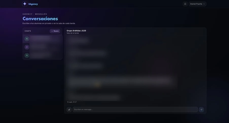 Messaging screen: conversation list on the left, a cohort room thread on the right, with a message field and an attachment button.