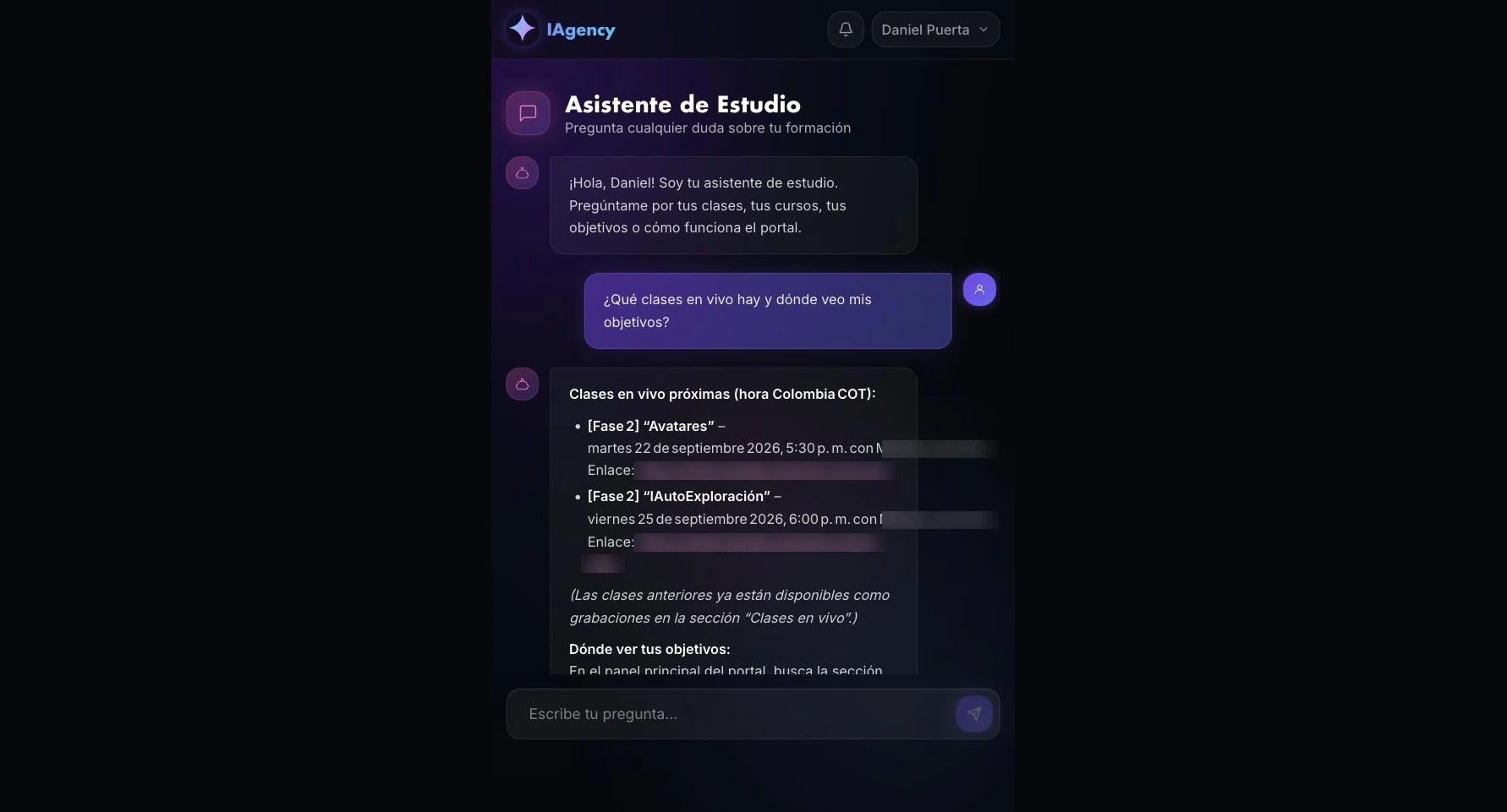 Conversation with the assistant: a question about upcoming classes and goals, and its answer with dates, times and links.