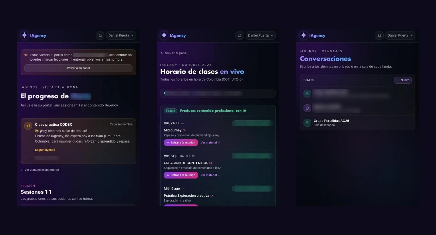 The portal's three phone screens side by side: the dashboard, the live class schedule and the conversation list.